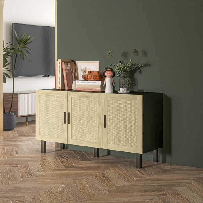 Buffet 3 portes style bohème chic cannage en rotin panneaux aspect bois clair noir