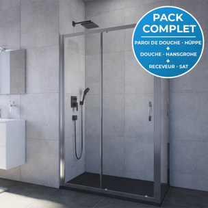 Pack douche : Porte coulissante 120cm + Paroi latérale 80cm + Set de douche tout en 1 + Receveur 120x80cm Noir