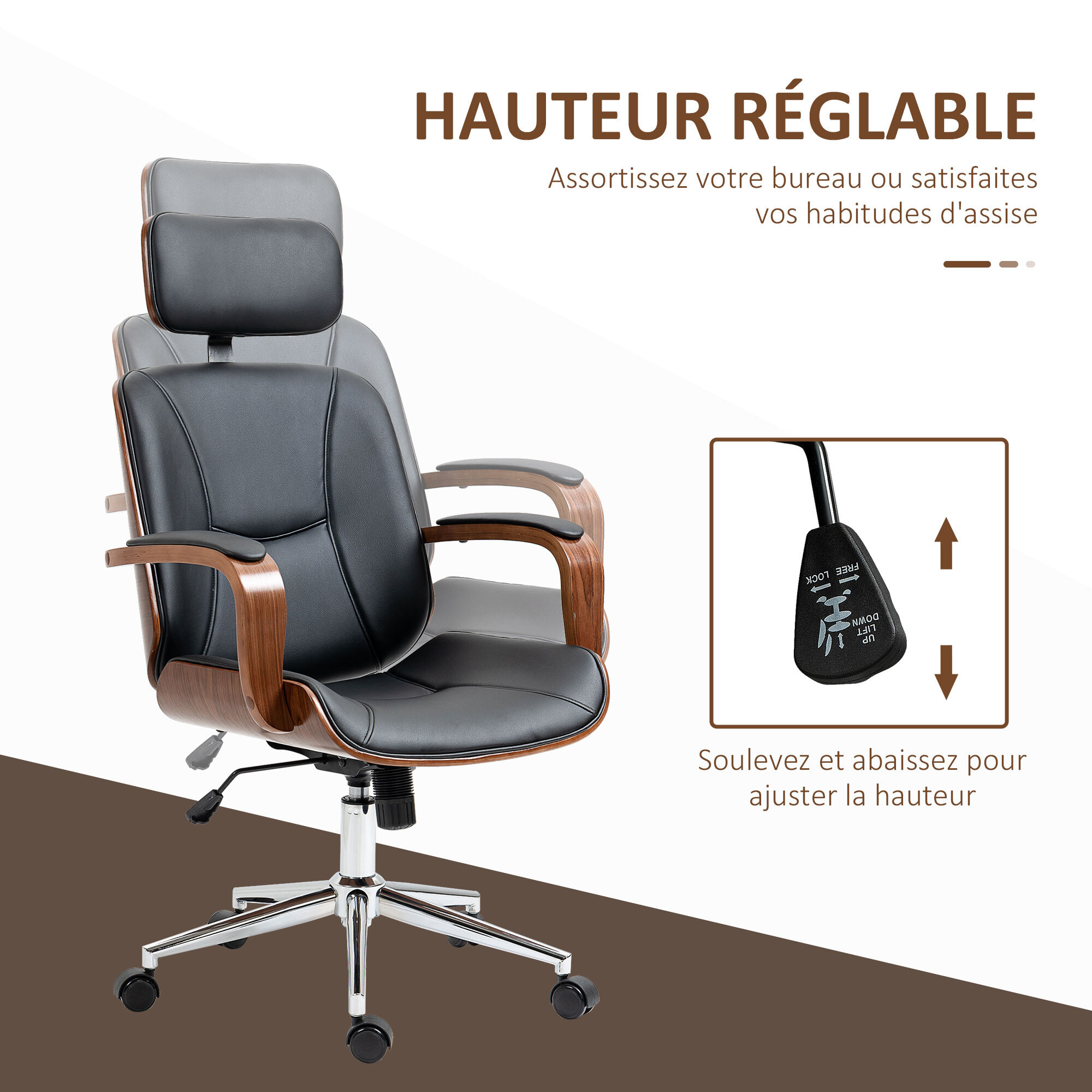 Chaise de bureau manager réglable design bois effet noyer synthétique noir