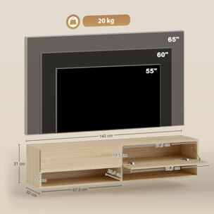 Mueble de TV Suspendido, Mueble de TV para Salón con 2 Cajones Abatibles, 2 Estantes Abiertos, Gestión de Cables, Estilo Moderno, para Televisión 60 Pulgadas, 140x32x31 cm, Madera Natural