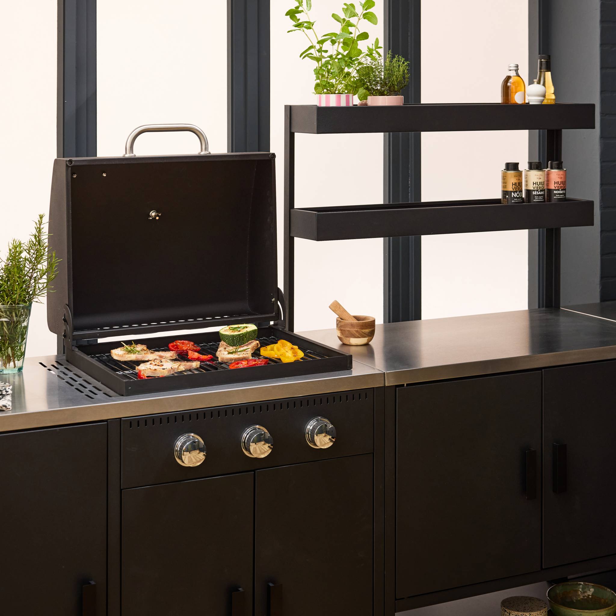 Cuisine d'extérieure 5 modules avec barbecue gaz 3 brûleurs sur pieds, thermomètre NAXOS BARBECUE GAZ + 5 MODULES