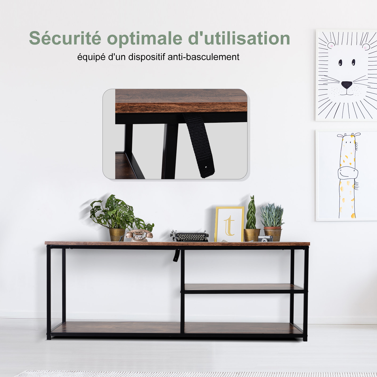 Meuble TV design industriel dim. 120L x 40l x 45H cm grand plateau 2 étagères panneaux particules coloris boisé métal noir