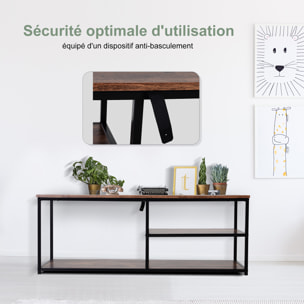 Meuble TV design industriel dim. 120L x 40l x 45H cm grand plateau 2 étagères panneaux particules coloris boisé métal noir