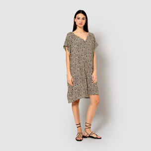 Vestido corto bambula detalles plisados lira beige/negro