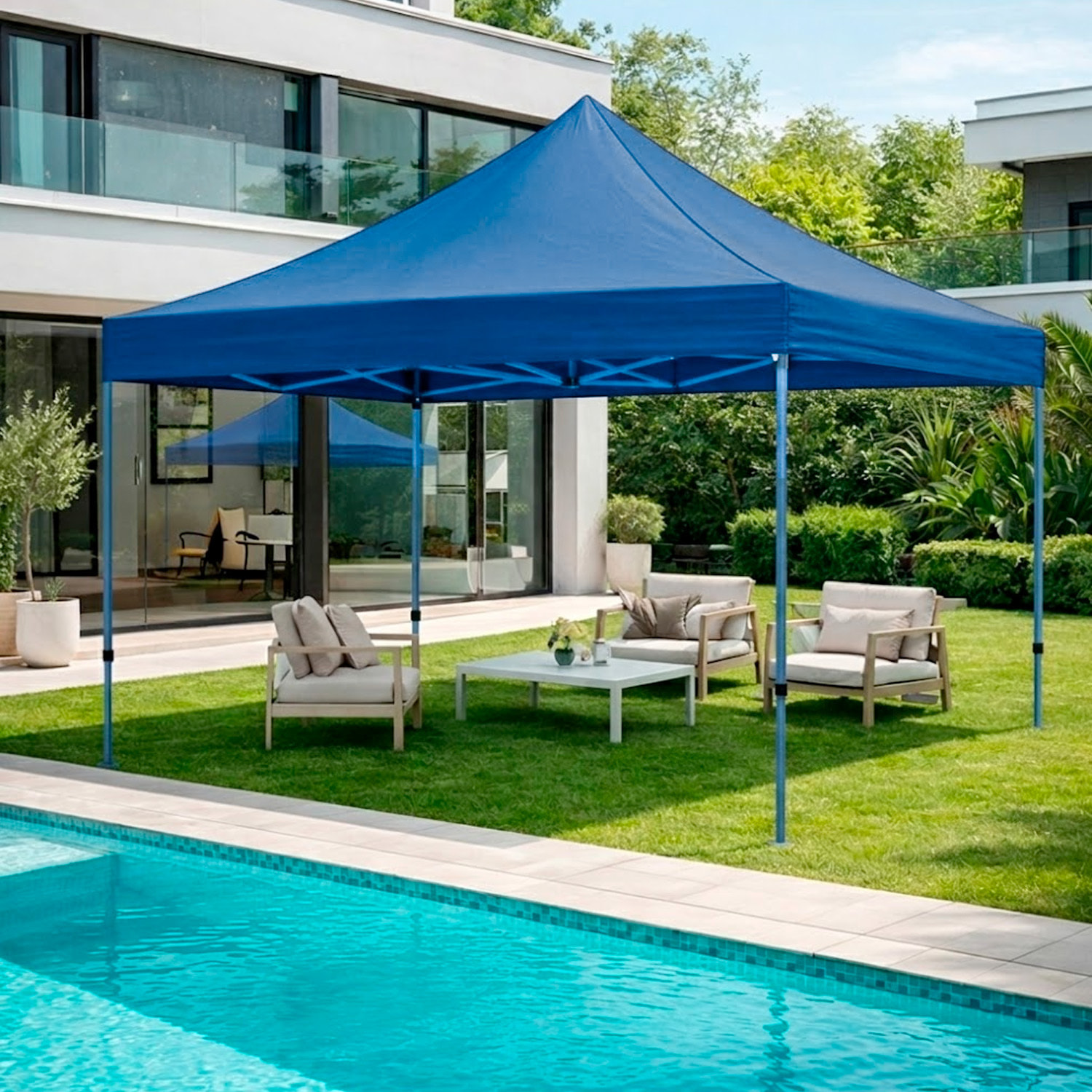 Gazebo Professionale 3x3 M Richiudibile Automatico In Acciaio Con Telo Oxford 1200D PVC Impermeabile e Anti UV A Fisarmonica con Sacche Blu