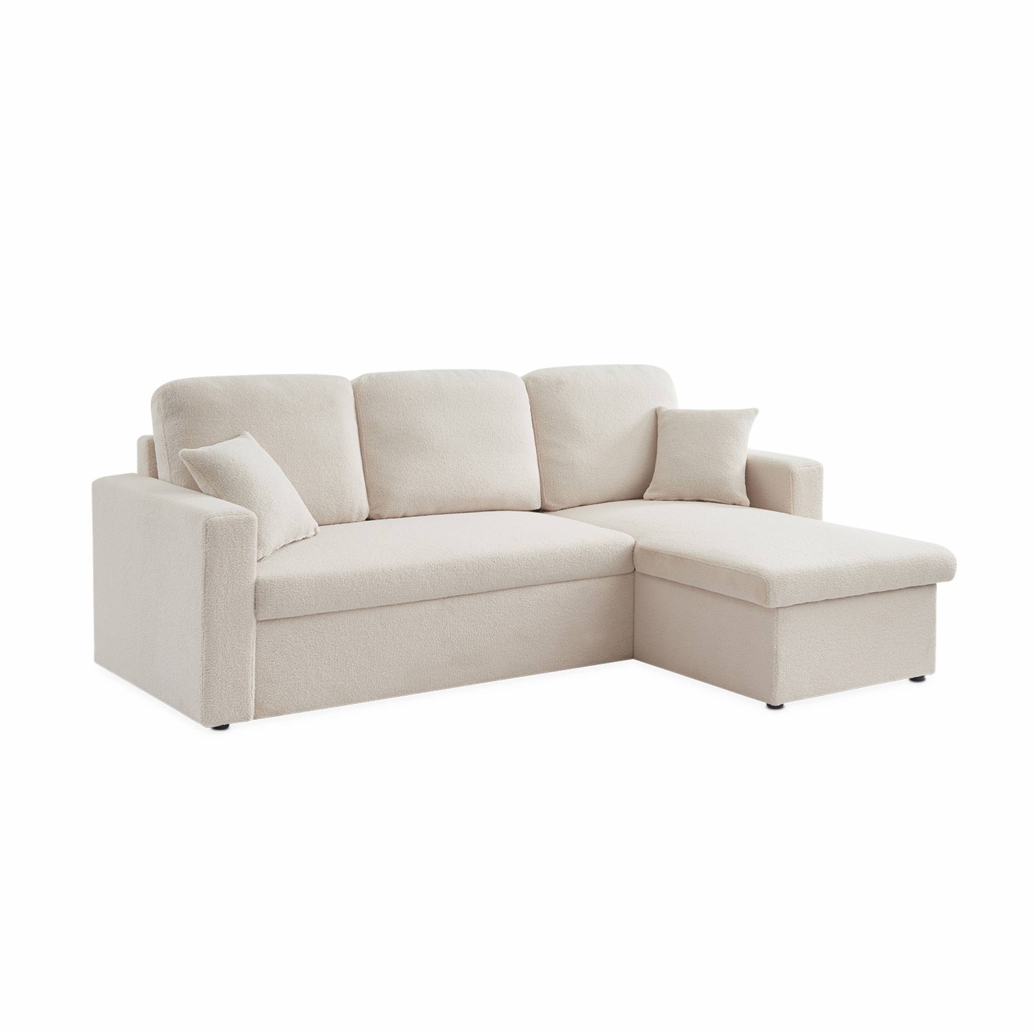 Canapé d'angle convertible en tissu bouclettes blanches - IDA - 3 places. fauteuil d'angle réversible coffre rangement lit modulable