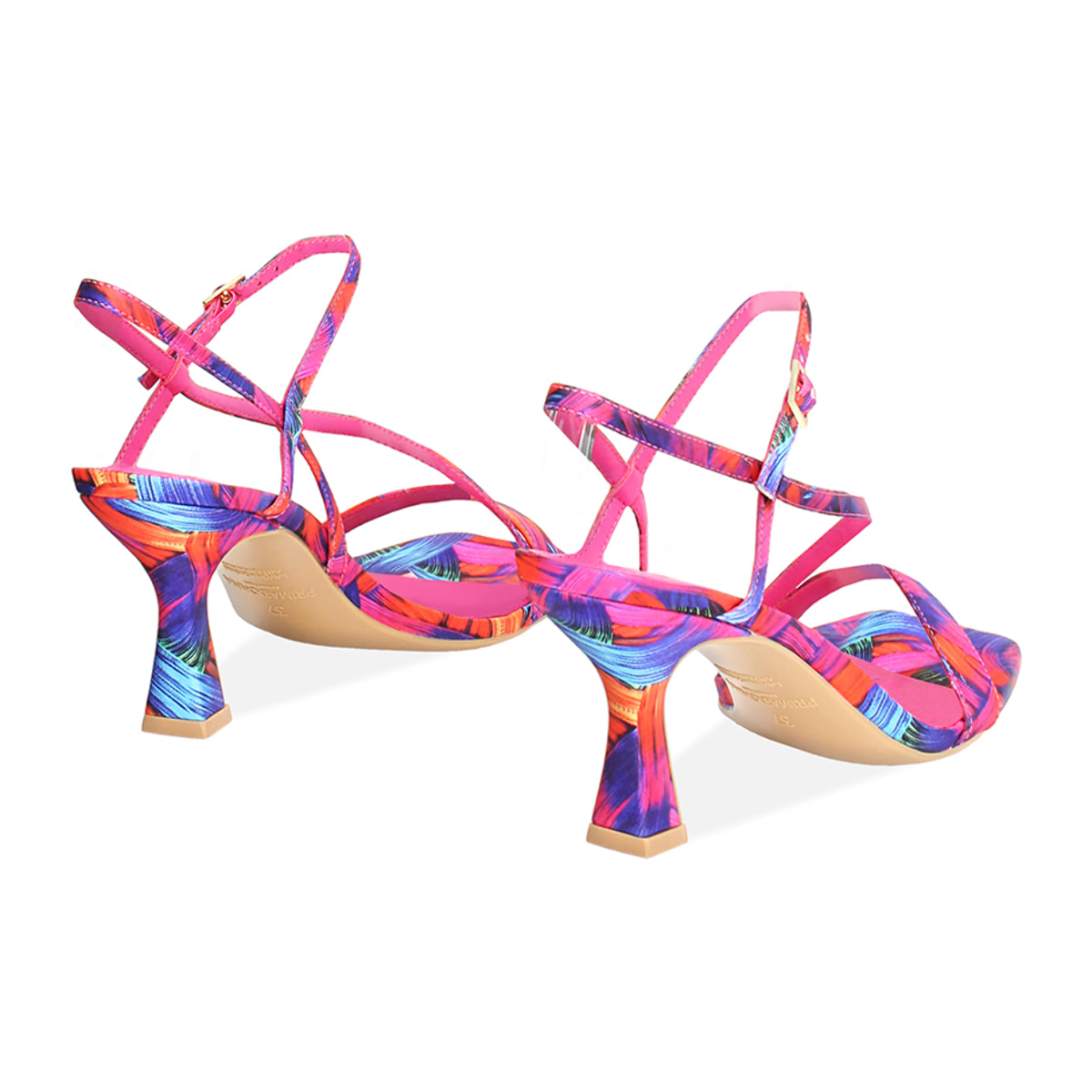 Sandalia con tacón mujer multicolor-azul naranja en satén