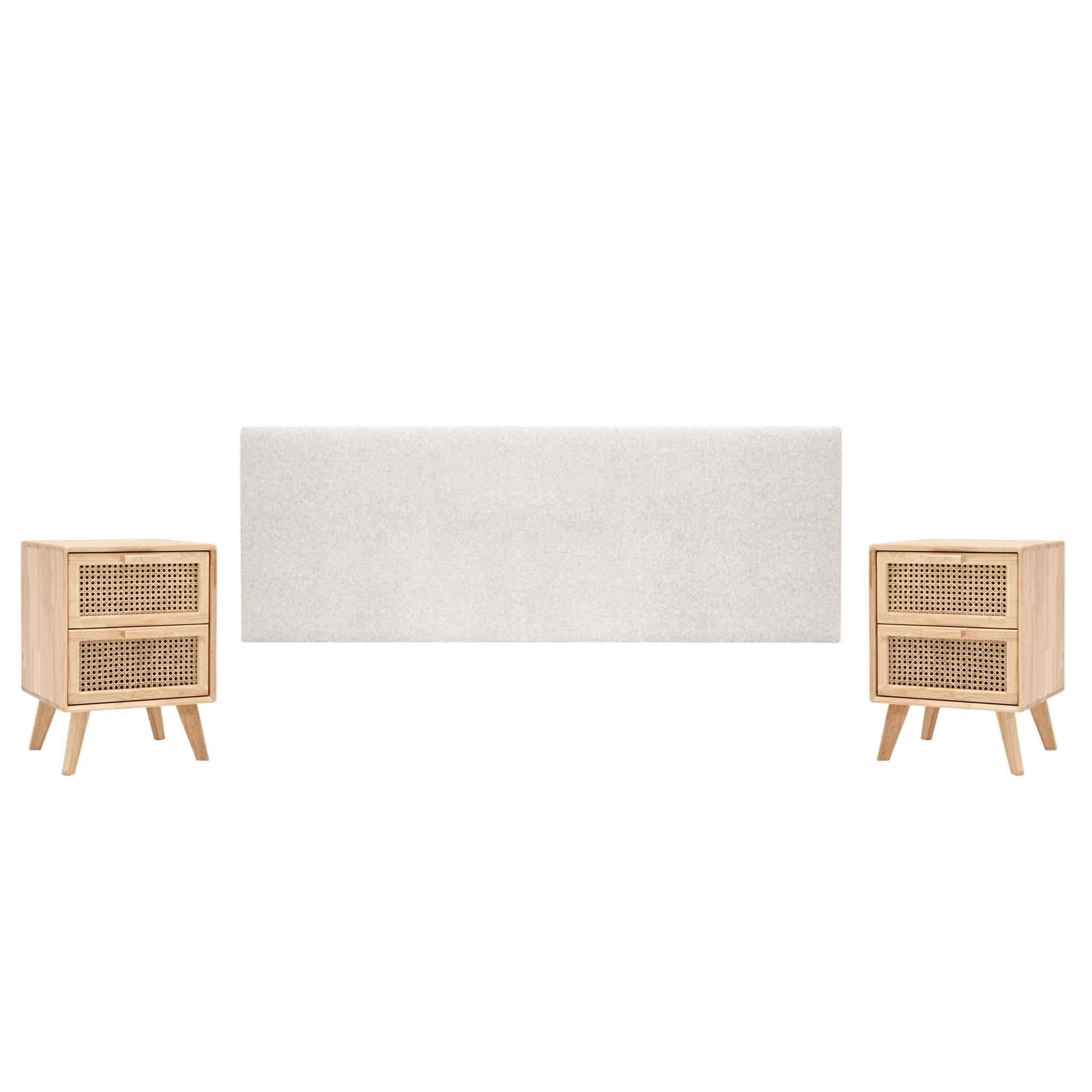 Pack tête de lit rembourrée beige et 2 tables de chevet en bois massif ton naturel en différentes tailles