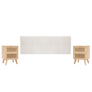 Pack tête de lit rembourrée beige et 2 tables de chevet en bois massif ton naturel en différentes tailles