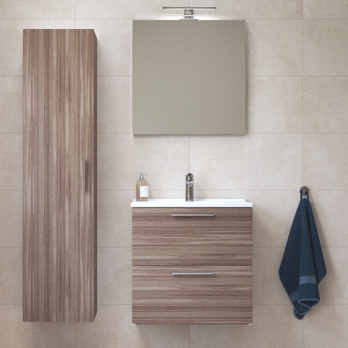 Set Mia ensemble meuble 59x61x39,5cm avec miroir, lavabo, éclairage LED + armoire 145x35x35cm, Cordoba