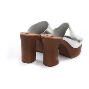 MULE TACCO WOOD CHOCOLA' ARGENTO