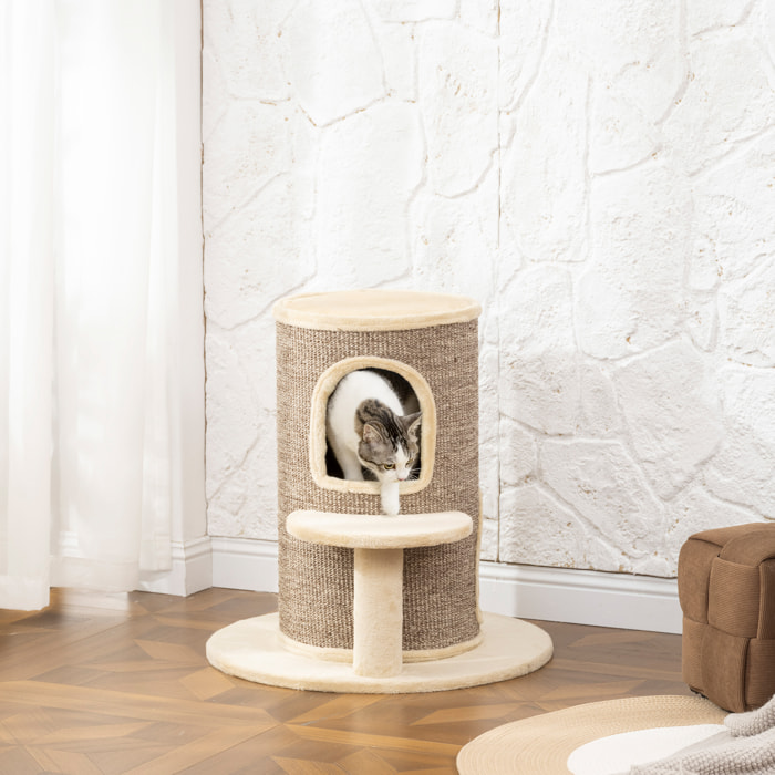Arbre à chat cylindrique - tour à griffer pour chat H.61cm - tonneau griffoir - 2 niveaux + plateforme - sisal peluche beige