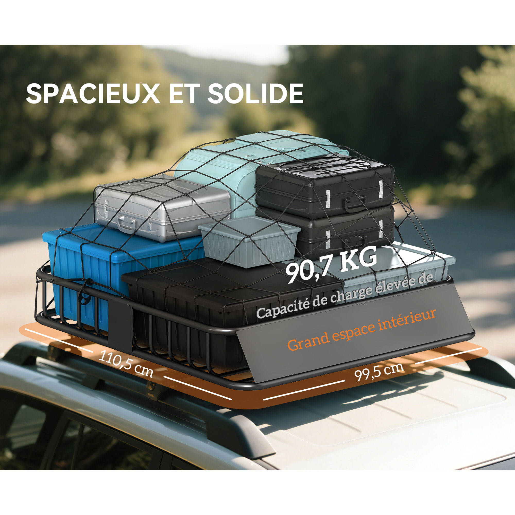 Galerie de toit en acier charge max. supportée 90 Kg dim. 110,5x99,5x18,5 cm noir
