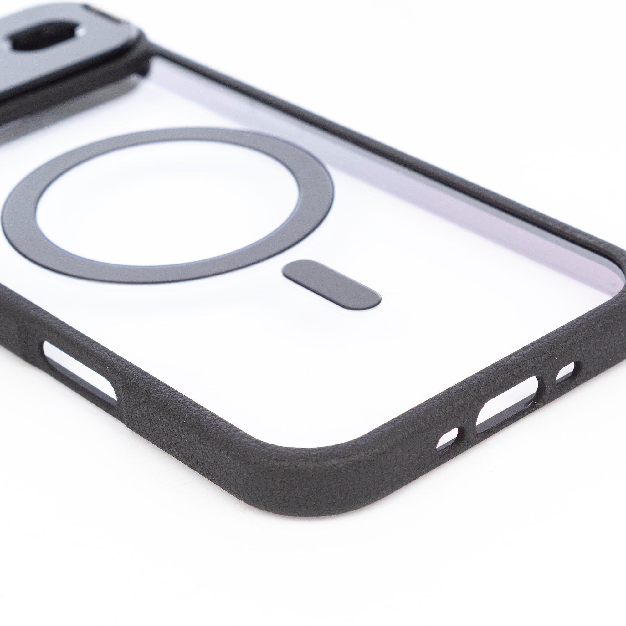 Custodia trasparente con copertura della fotocamera ribaltabile che funziona come supporto, bordi neri. MagSafe per iPhone 17 Pro Max.