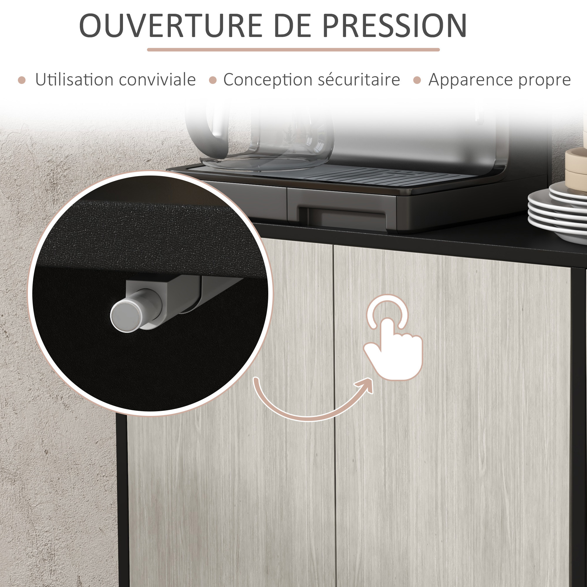 Buffet design contemporain - 4 portes, 2 étagères - dim. 121L x 37l x 75H cm - piètement effilé pin noir aspect bois gris