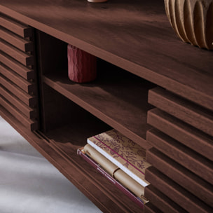 Meuble TV scandinave décor bois rainuré 2 portes 120cm MADERE