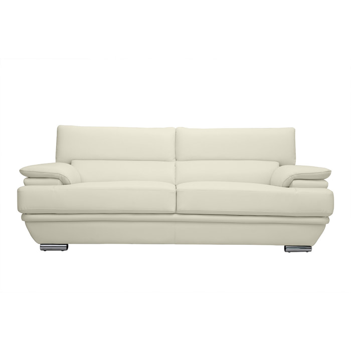 Canapé design avec têtières ajustables 3 places cuir blanc et acier chromé EWING