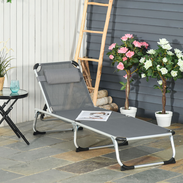 Tumbona Plegable Reclinable de Aluminio con Reposacabezas Extraá­ble y Respaldo Transpirable Ajustable en 4 Posiciones para Jardín Terraza Camping Exterior 165x60x76 cm Gris