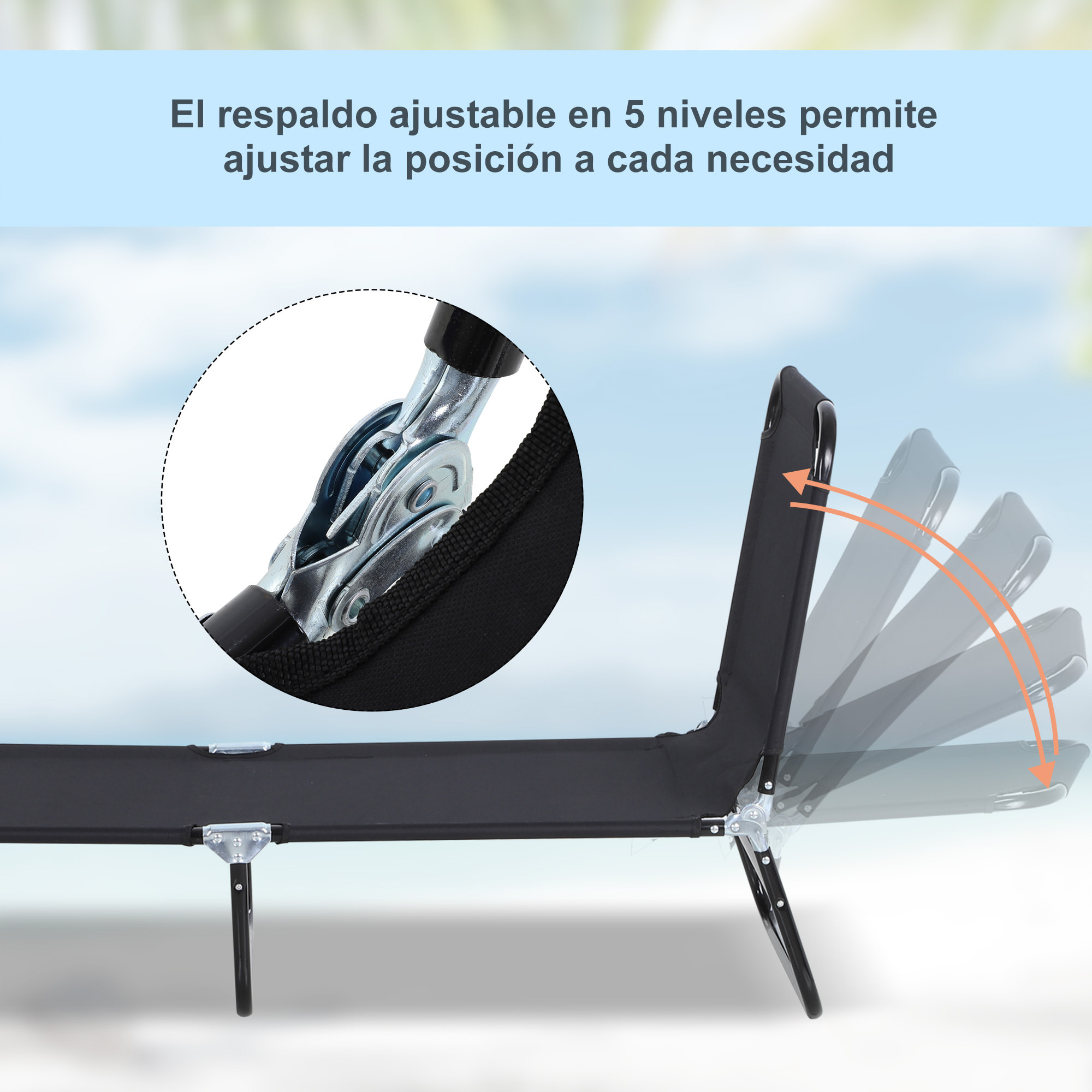 Tumbona Plegable Reclinable con ángulo Ajustable de 5 Posiciones para Jardín Exterior Piscina Terraza Camping Carga 120 kg 188x56x28 cm Negro