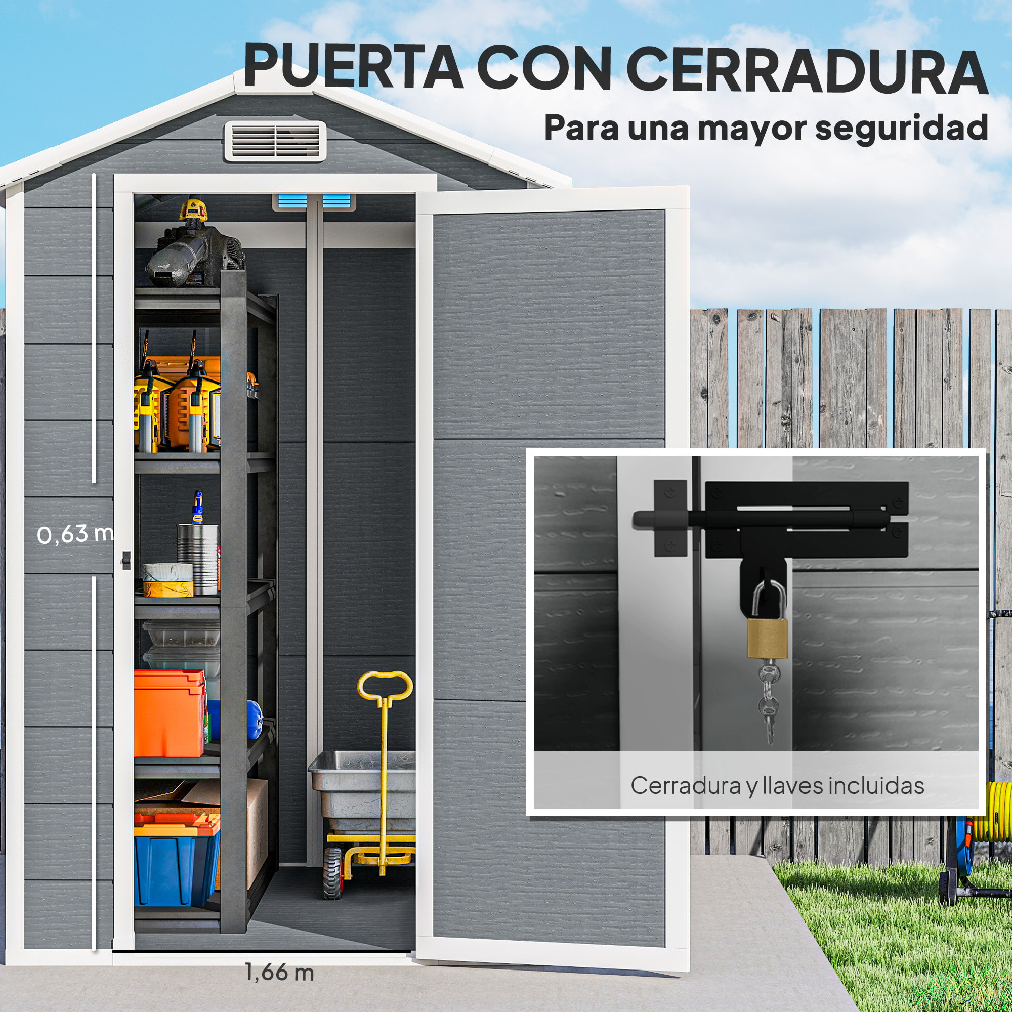 Caseta de Jardín Exterior, 2,1 m², 131x186x198 cm, Cobertizo de Jardín Exterior con Suelo, Ventana, Puerta con Cerradura, Ventilaciones, para Almacenamiento de Herramientas, Gris