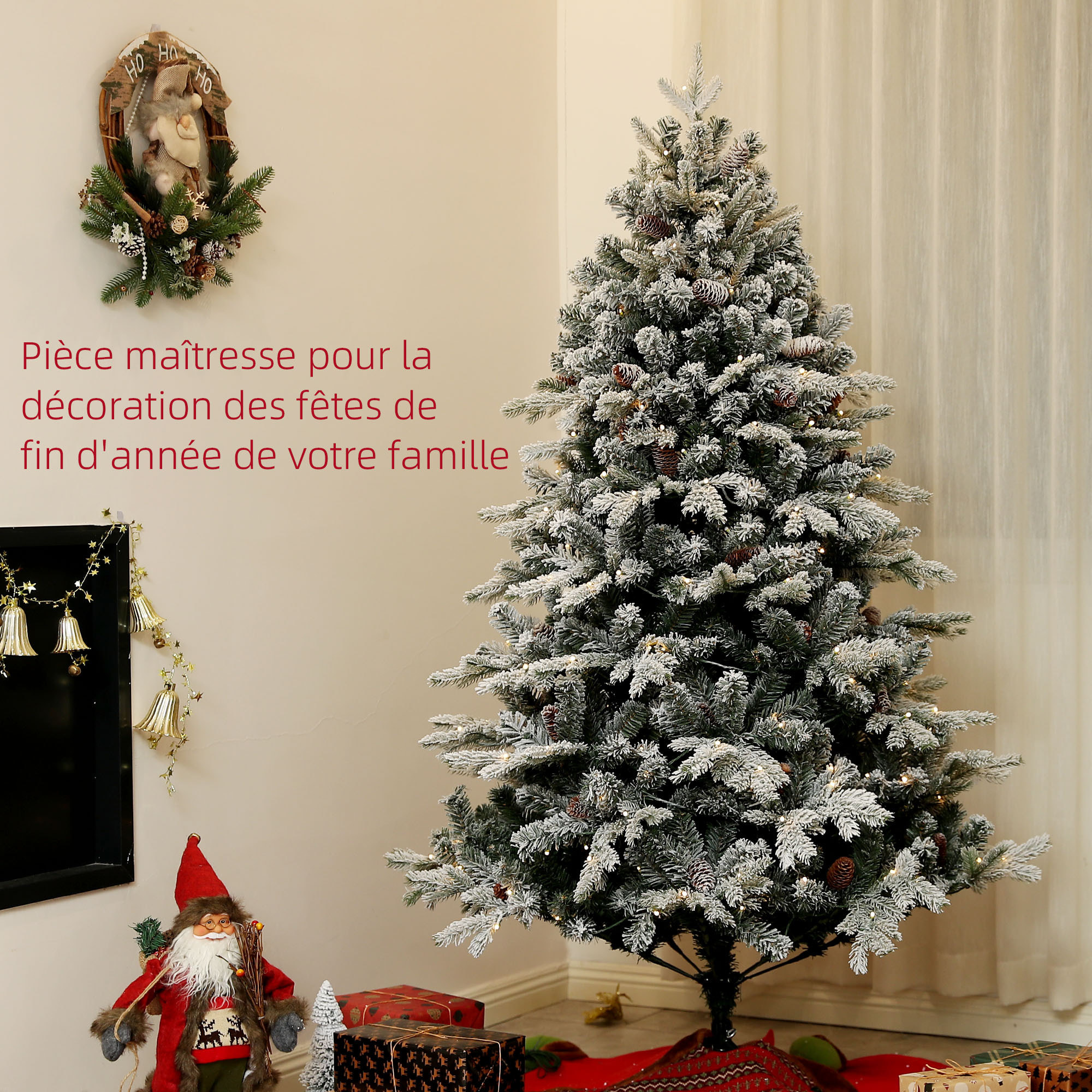 Sapin de Noël artificiel LED enneigé H. 180 cm - 200 LEDs blanc chaud, 793 branches - vert blanc