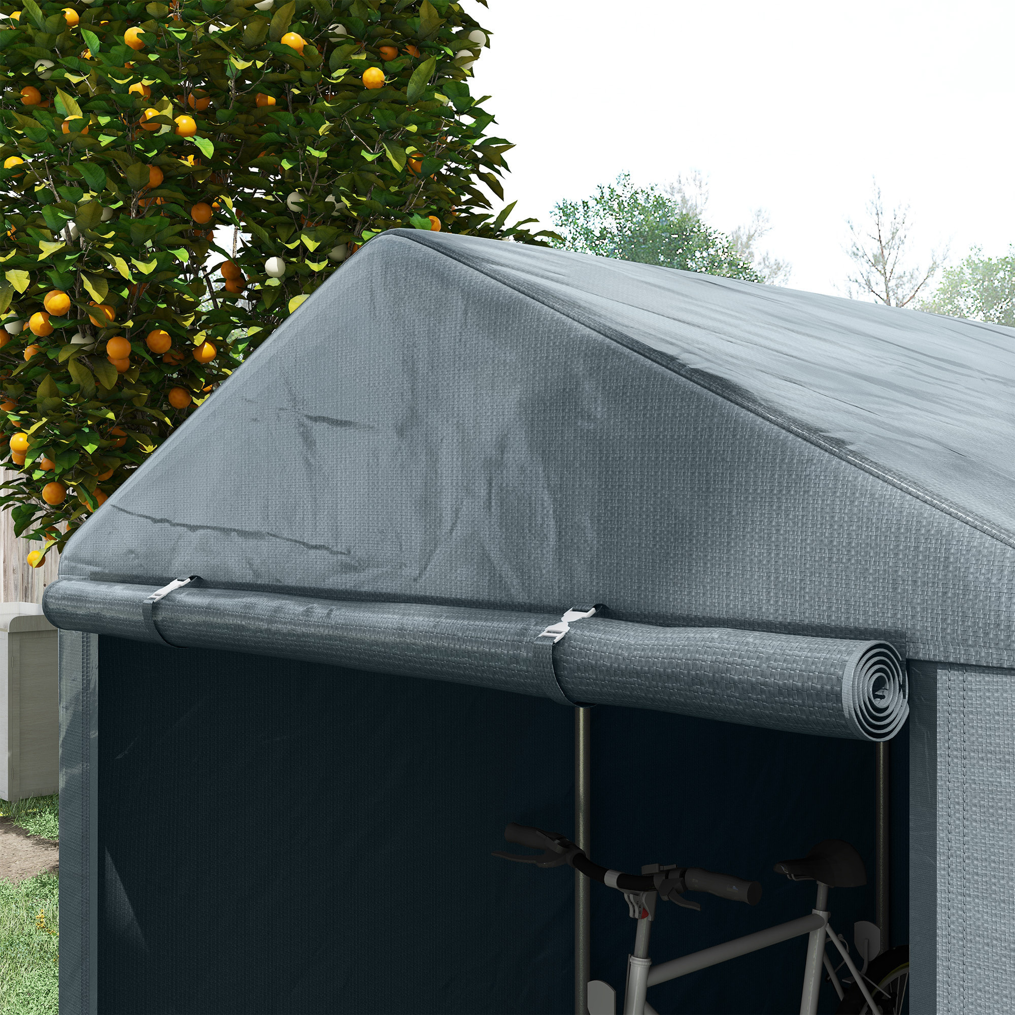 Carpa para Herramientas Bicicletas y Motos 1,6x2,2x1,7 m Garaje Portátil con 2 Habitaciones Puerta con Cremallera Impermeable Anti-UV Cochera Portátil para Jardín Gris Oscuro