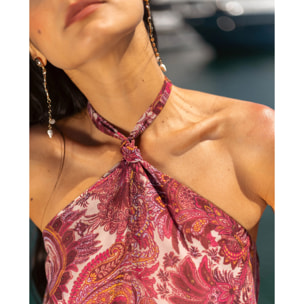 Blusa de mujer estampada con lazada al cuello y espalda descubierta