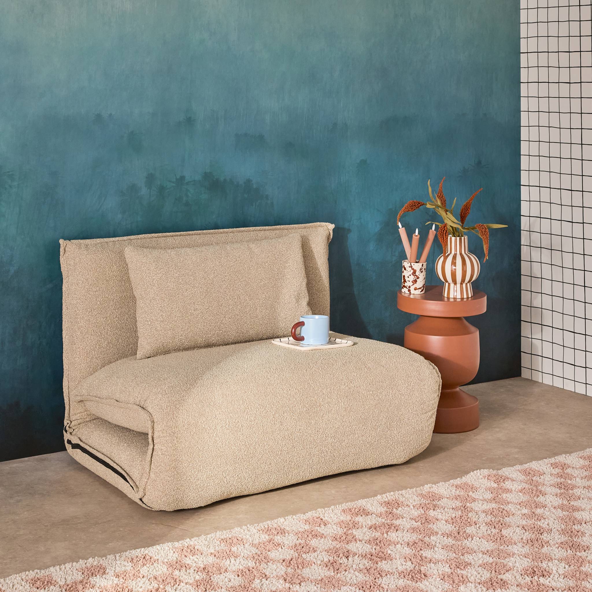 Chauffeuse convertible 1 place en bouclette texturée beige L 99 x P 80 x  H 66 cm - Fleeep