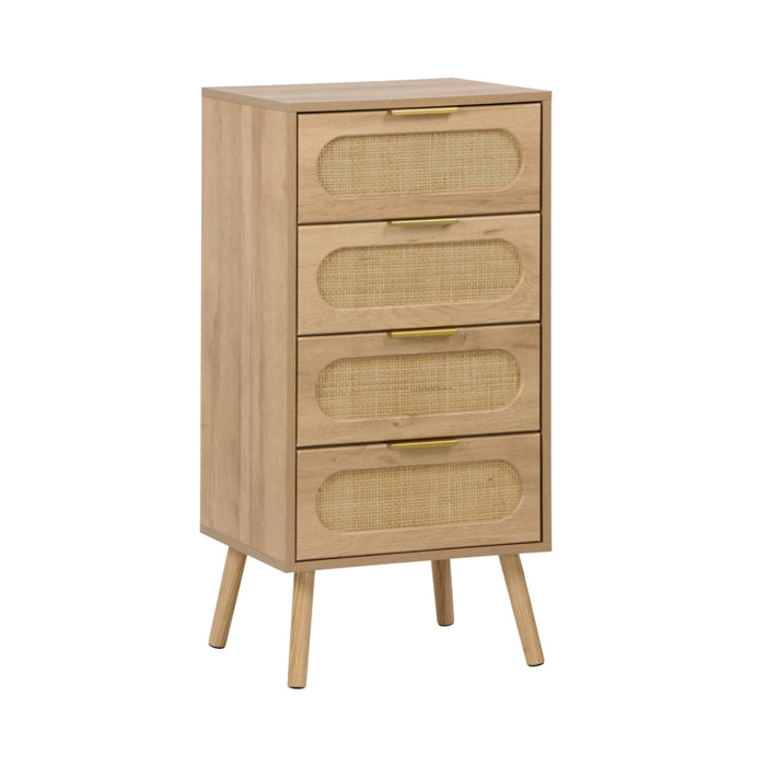 Commode chiffonnier effet bois et cannage 4 tiroirs naturel. poignée en métal doré - L 48 x P 39.5 x H 96 cm - Eva