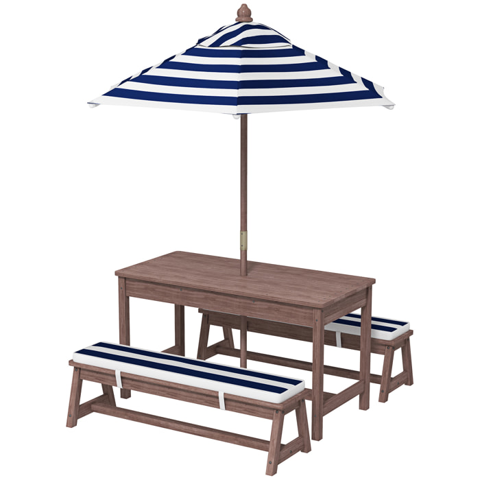Table pique-nique enfant - ensemble salon de jardin enfant - 2 bancs, coussins et parasol - bois brun