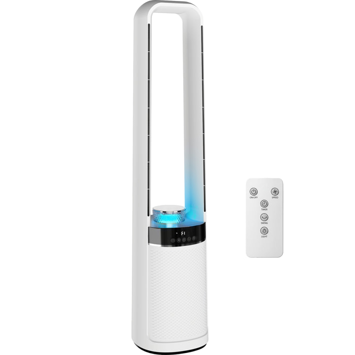 Ventilador de Torre Silencioso, Ventilador sin Aspas con Luces LED de 4 Colores, Mando a Distancia, Temporizador de 12 horas, Oscilación de 45°, 3 Velocidades, Blanco