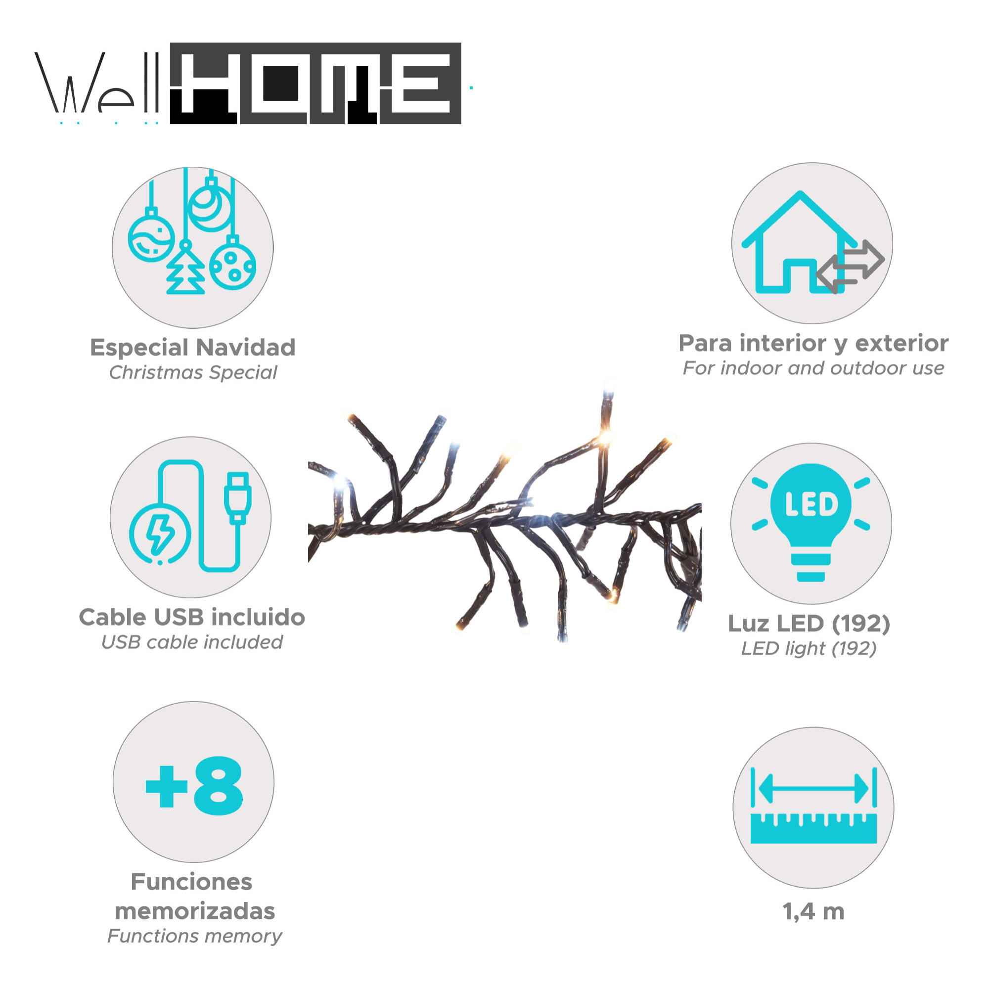 cadena de luces con 192 luces led blanco y blanco cálido - 3 metros de cable