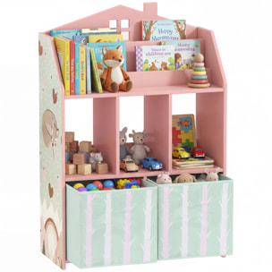 Estantería Infantil para Juguetes con Cajones de Tela, Estantes Abiertos, Diseño de Zorros, Organizador de Juguetes para Dormitorio, Sala de Juegos, Guardería, Rosa
