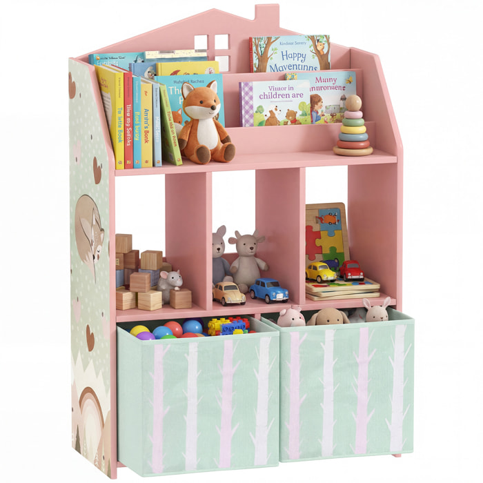 Estantería Infantil para Juguetes con Cajones de Tela, Estantes Abiertos, Diseño de Zorros, Organizador de Juguetes para Dormitorio, Sala de Juegos, Guardería, Rosa