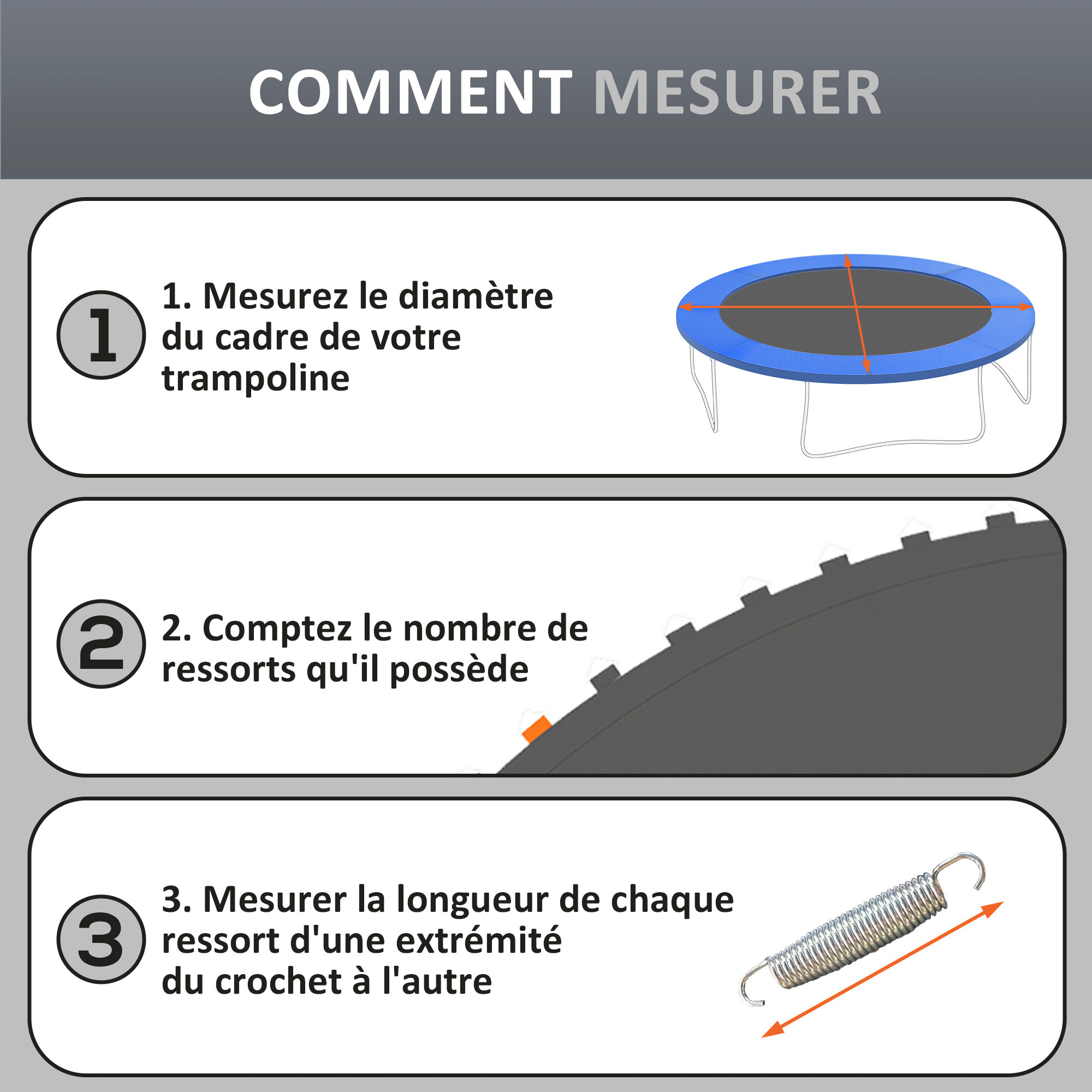 Tapis de rechange trampoline Ø 3,7 m ressorts 14 cm outil 72 crochets en V inclus blanc noir