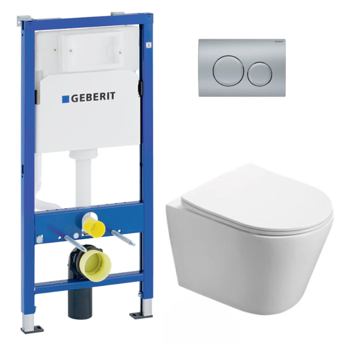 Pack WC sans bride Infinitio, fixations invisibles + Abattant softclose slim + Bâti support Geberit UP100 + Plaque chrome mat