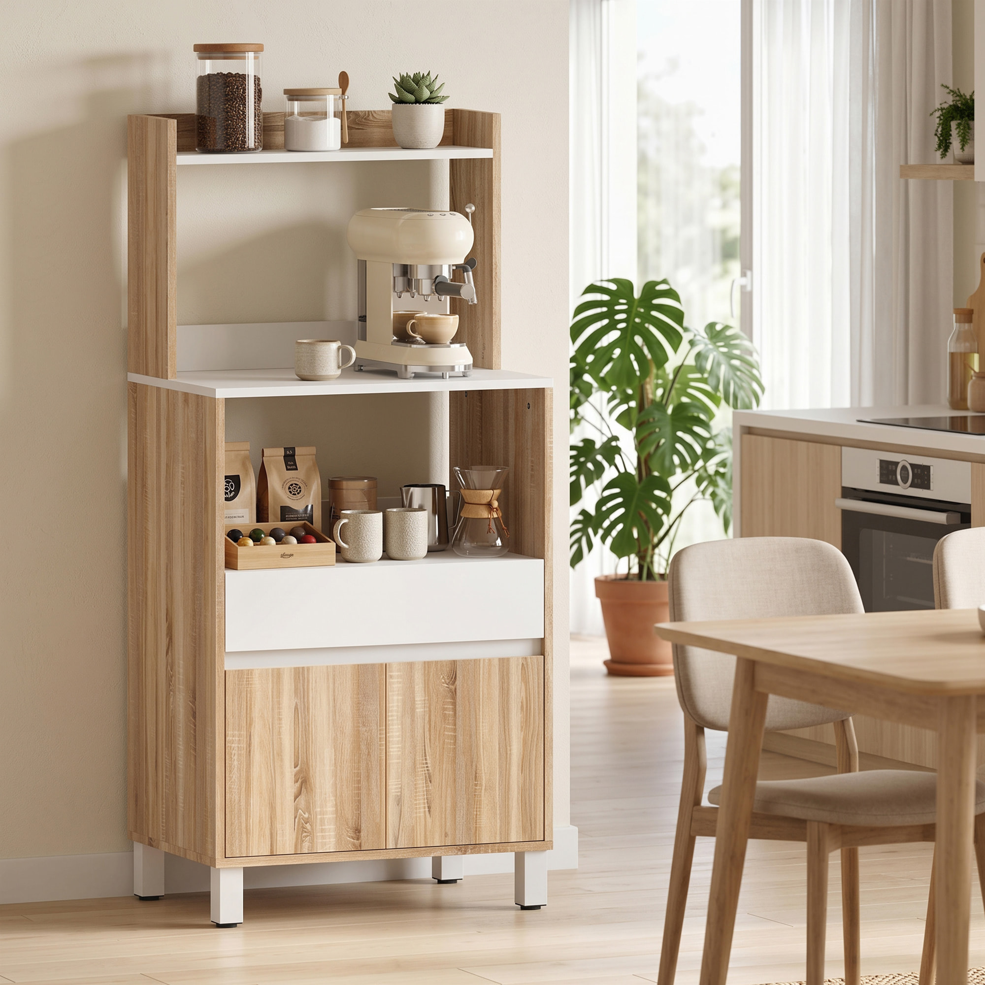 Meuble de rangement desserte de cuisine pour micro-ondes avec placard tiroir étagère supérieur 60 x 40 x 131 cm naturel et blanc