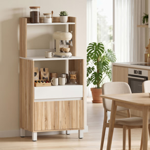 Meuble de rangement desserte de cuisine pour micro-ondes avec placard tiroir étagère supérieur 60 x 40 x 131 cm naturel et blanc