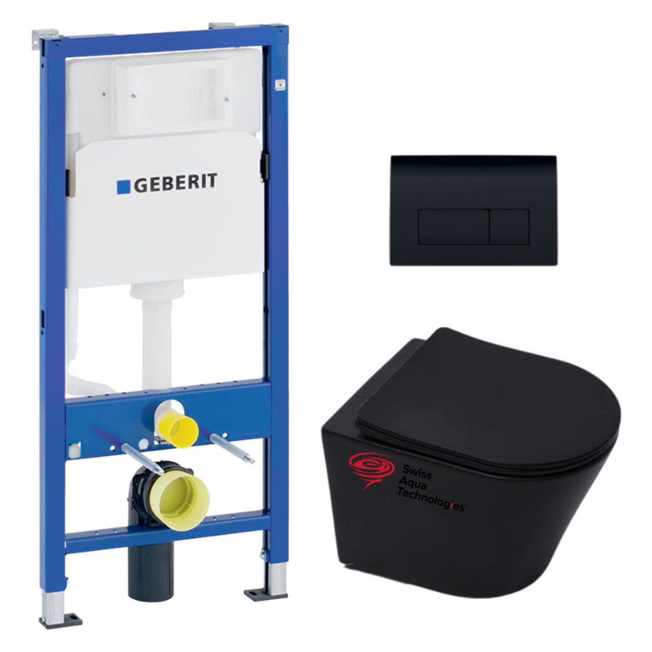 Pack WC sans bride Infinitio Noir mat + Abattant softclose + Bâti support Geberit UP100 + Plaque Noir mat