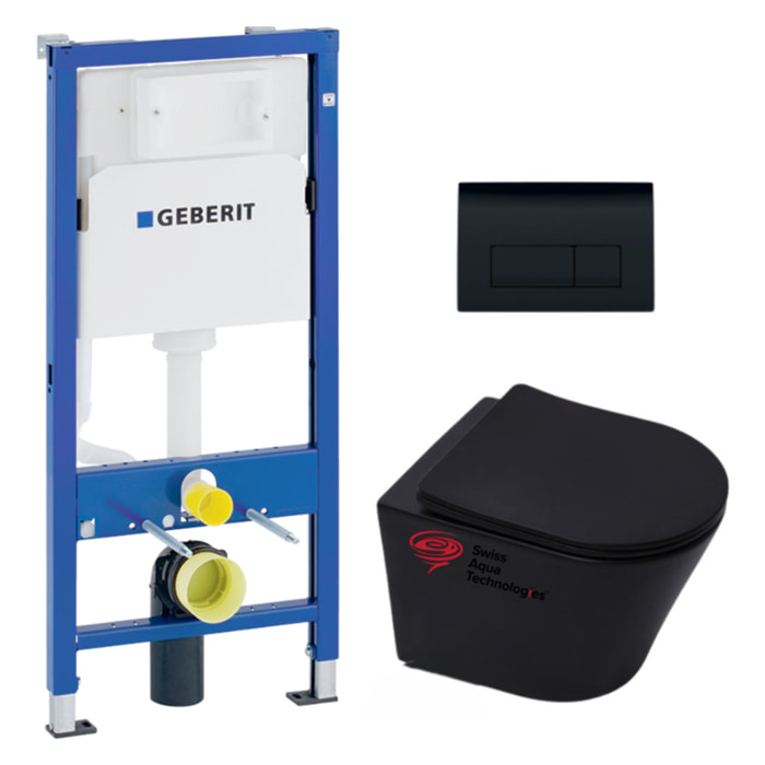 Pack WC sans bride Infinitio Noir mat + Abattant softclose + Bâti support Geberit UP100 + Plaque Noir mat