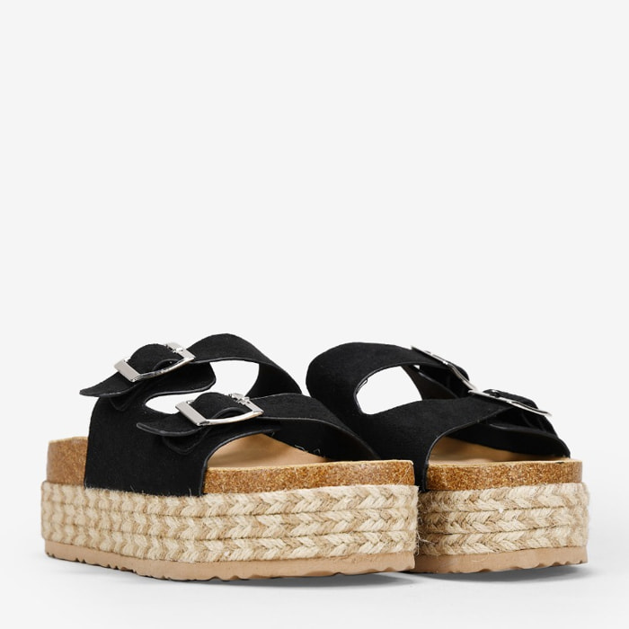 Sandalias de plataforma negras con suela de esparto bicolor