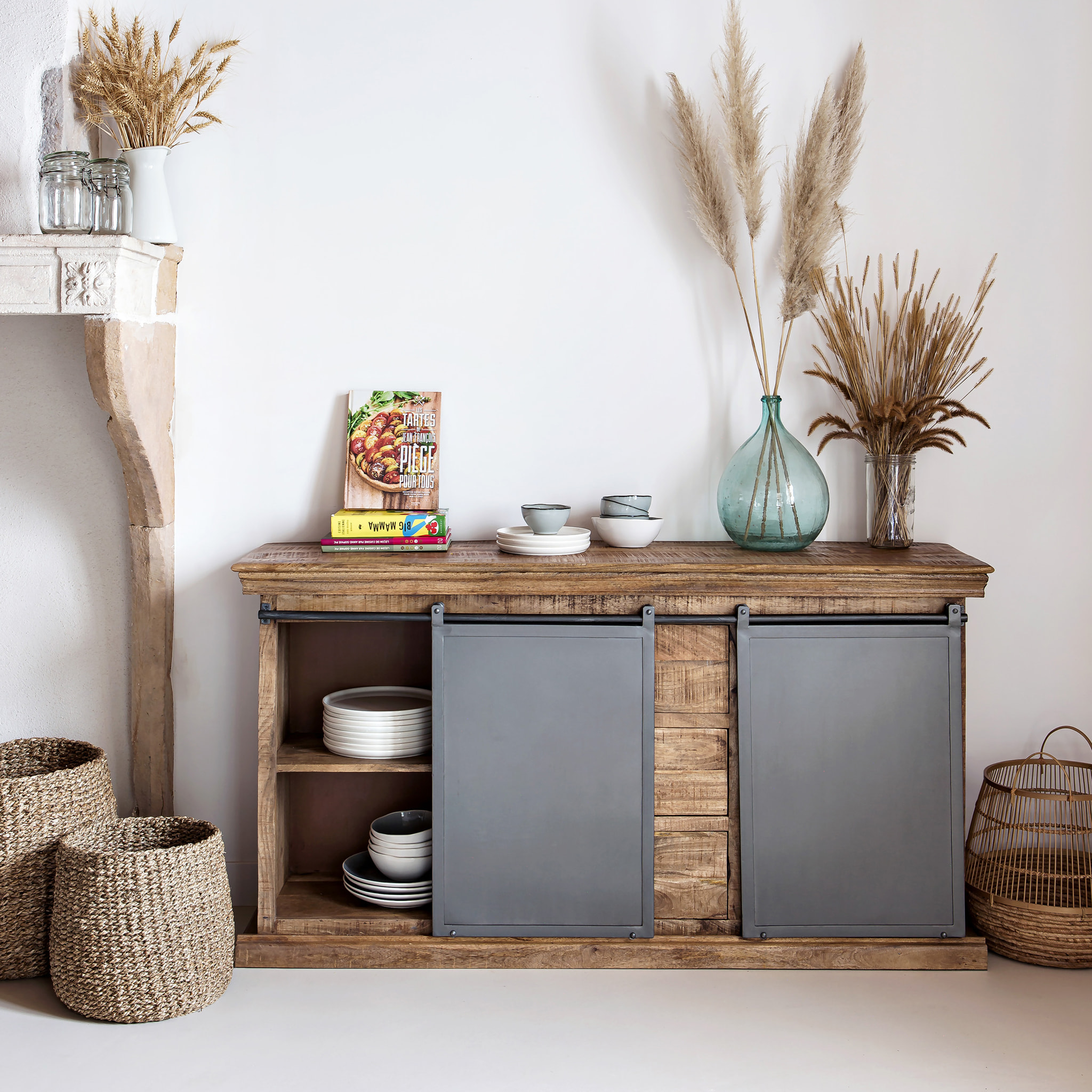 Buffet en bois 3 tiroirs 2 portes coulissantes en métal - Tabuk