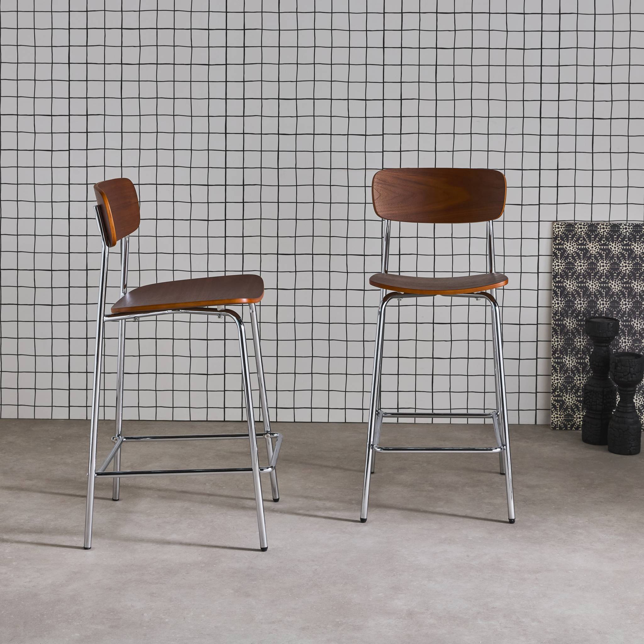 Tabouret de bar vintage métal et contreplaqué 66cm (lot de 2) TOBY