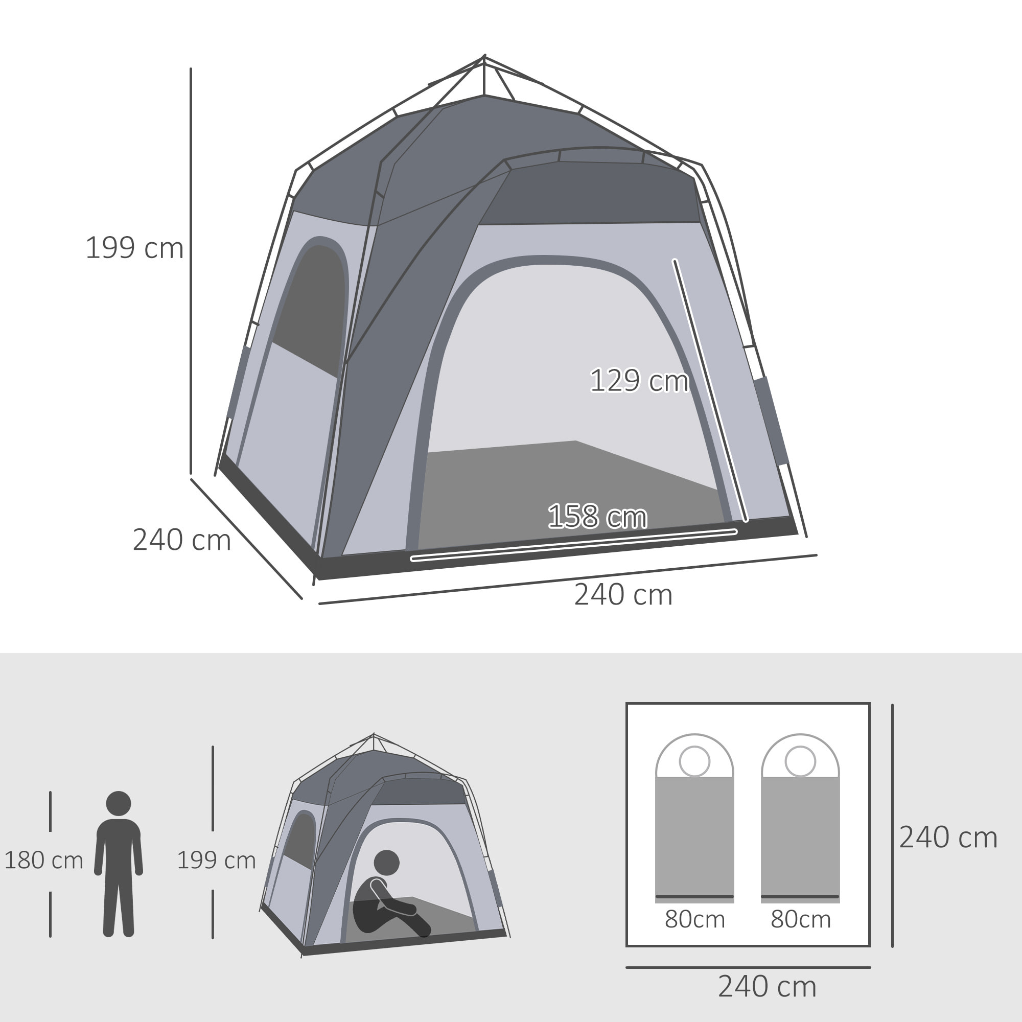 Tienda de Campaña Instantánea para 4 Personas Tienda de Camping con 4 Ventanas 2 Bolsillos y Bolsa de Transporte 240x240x199 cm Gris y Blanco