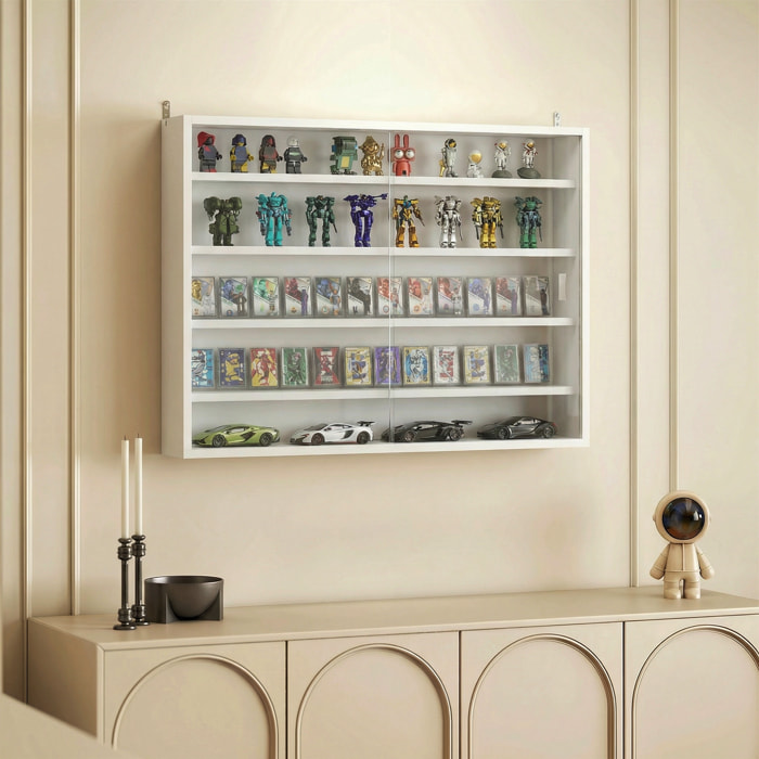 Vitrina Expositora para Colecciones de 5 Niveles, Vitrina de Pared, con Estantes Ajustables y 2 Puertas Correderas de Vidrio, para Perfumes, Figuras de Decoración, 80x9,5x60 cm, Blanco