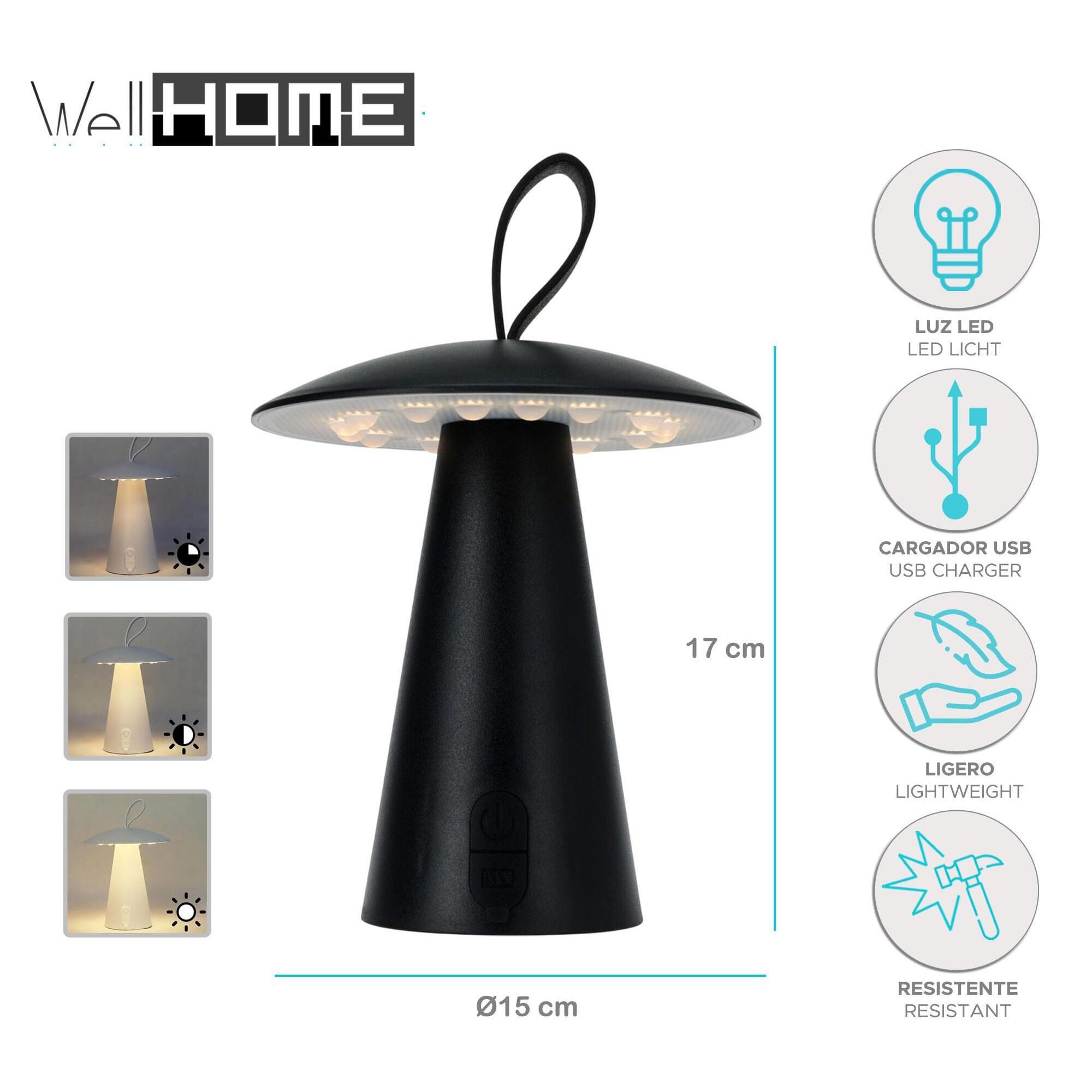 Well Home Lampara sobremesa recargable negra Ø15x17cm