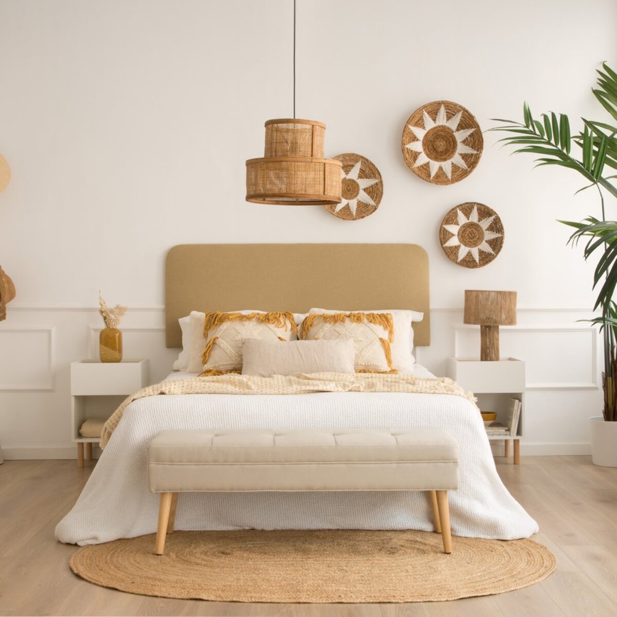 Table de chevet Canes -tableau technique stratifié-couleur blanc mat/naturel 40 x 60 x 35 cm