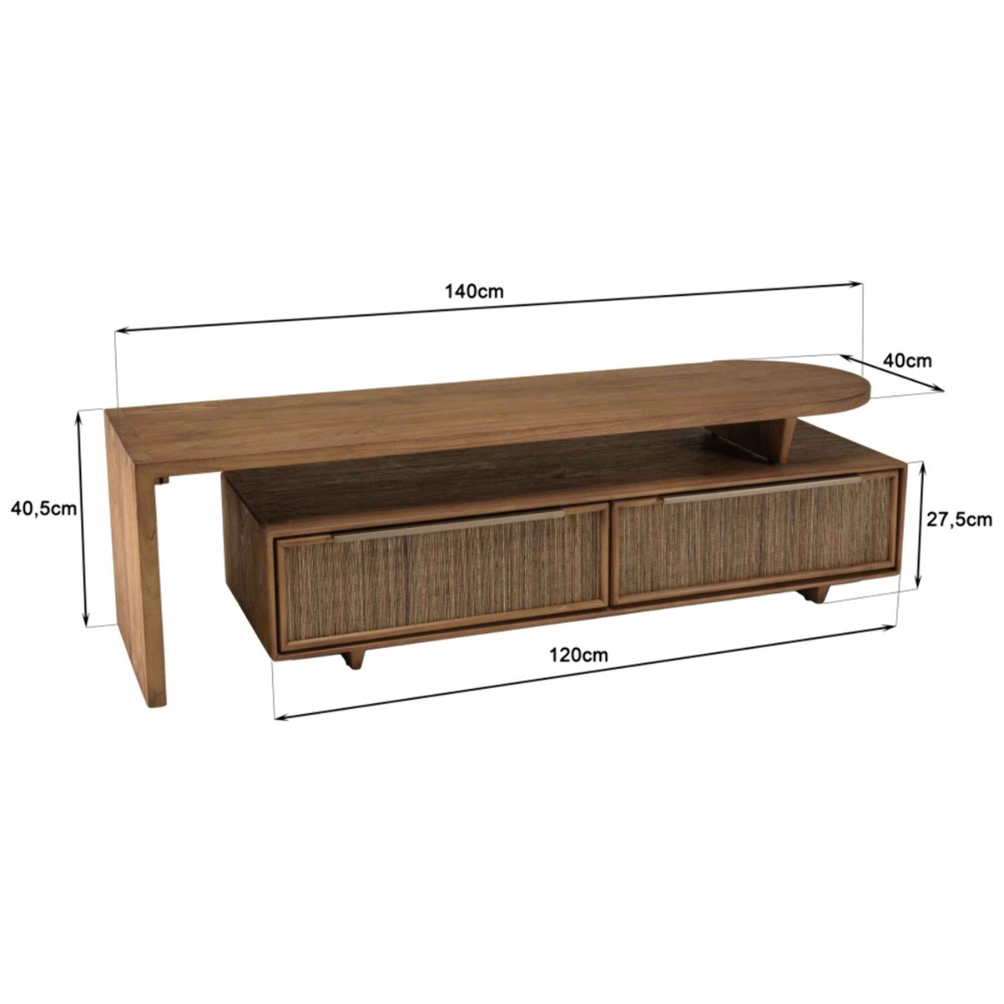 SIXTINE - Meuble TV modulable 140x40cm 2 tiroirs en bois teck recyclé