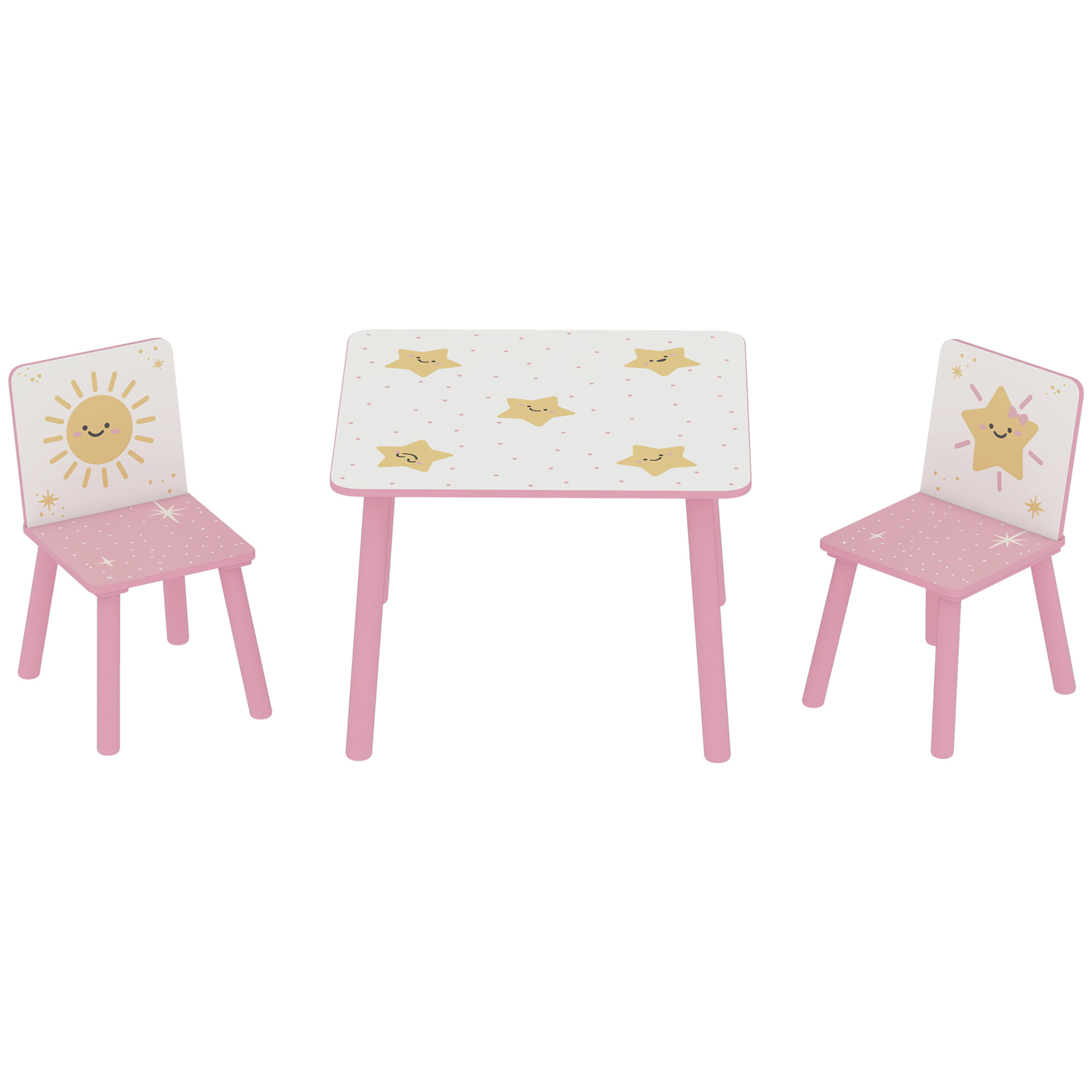 Ensemble table et chaises enfant design étoiles soleil bois pin MDF blanc rose