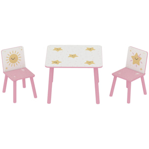 Ensemble table et chaises enfant design étoiles soleil bois pin MDF blanc rose